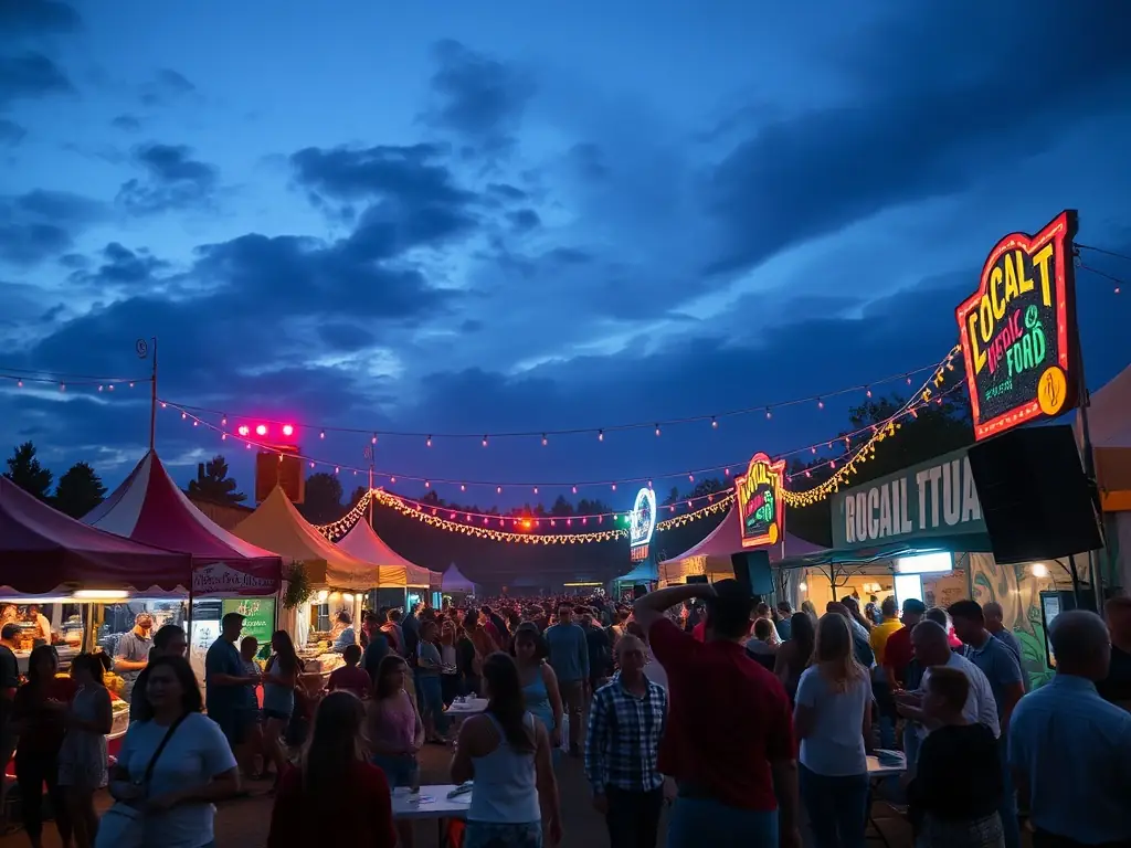 A dynamic image of a Champs des Possibles-organized cultural festival, featuring live music, food stalls, and attendees of all ages enjoying the festivities.