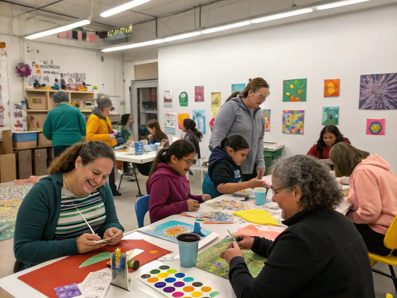 A vibrant photograph capturing a community art workshop in progress, with participants of diverse ages and backgrounds actively engaged in painting and creative expression, reflecting the inclusive nature of Champs des Possibles' initiatives.