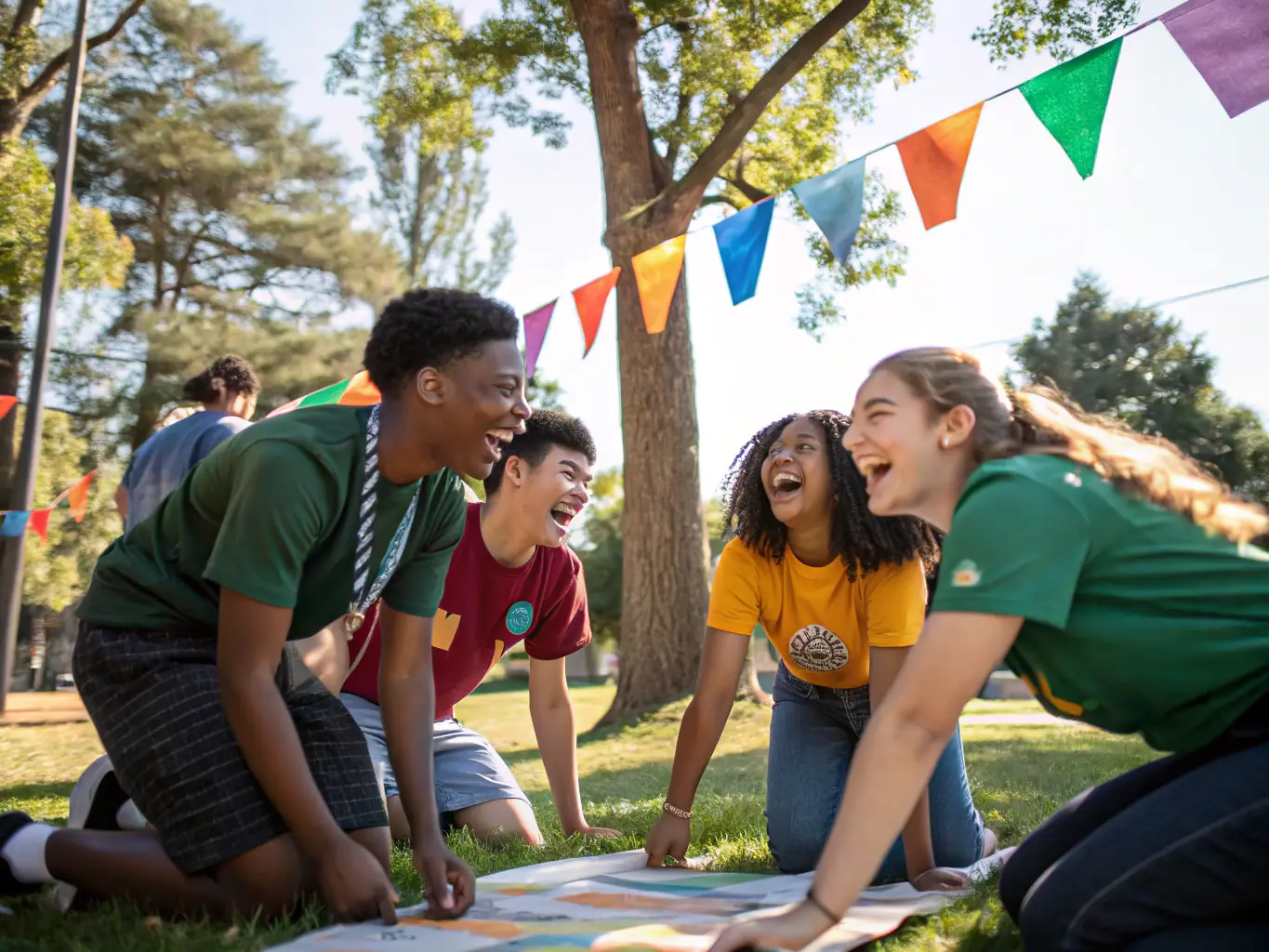 A photograph of a group of young people participating in a youth leadership program organized by Champs des Possibles, showing them engaged in a team-building activity in an outdoor setting.
