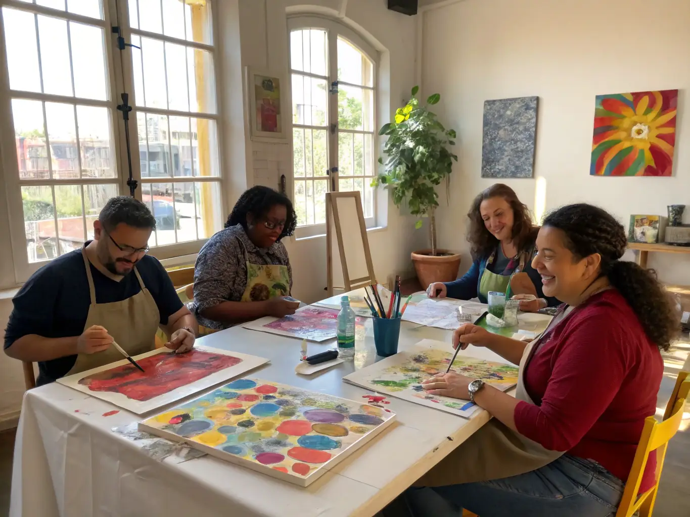 A photograph capturing a diverse group of participants engaged in a collaborative art project during a Champs des Possibles workshop, showcasing creativity and community interaction.